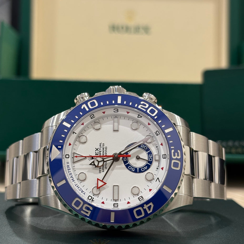 Rolex Yacht Master II front view of the white dial with regatta countdown display, red Mercedes hands and blue ceramic bezel