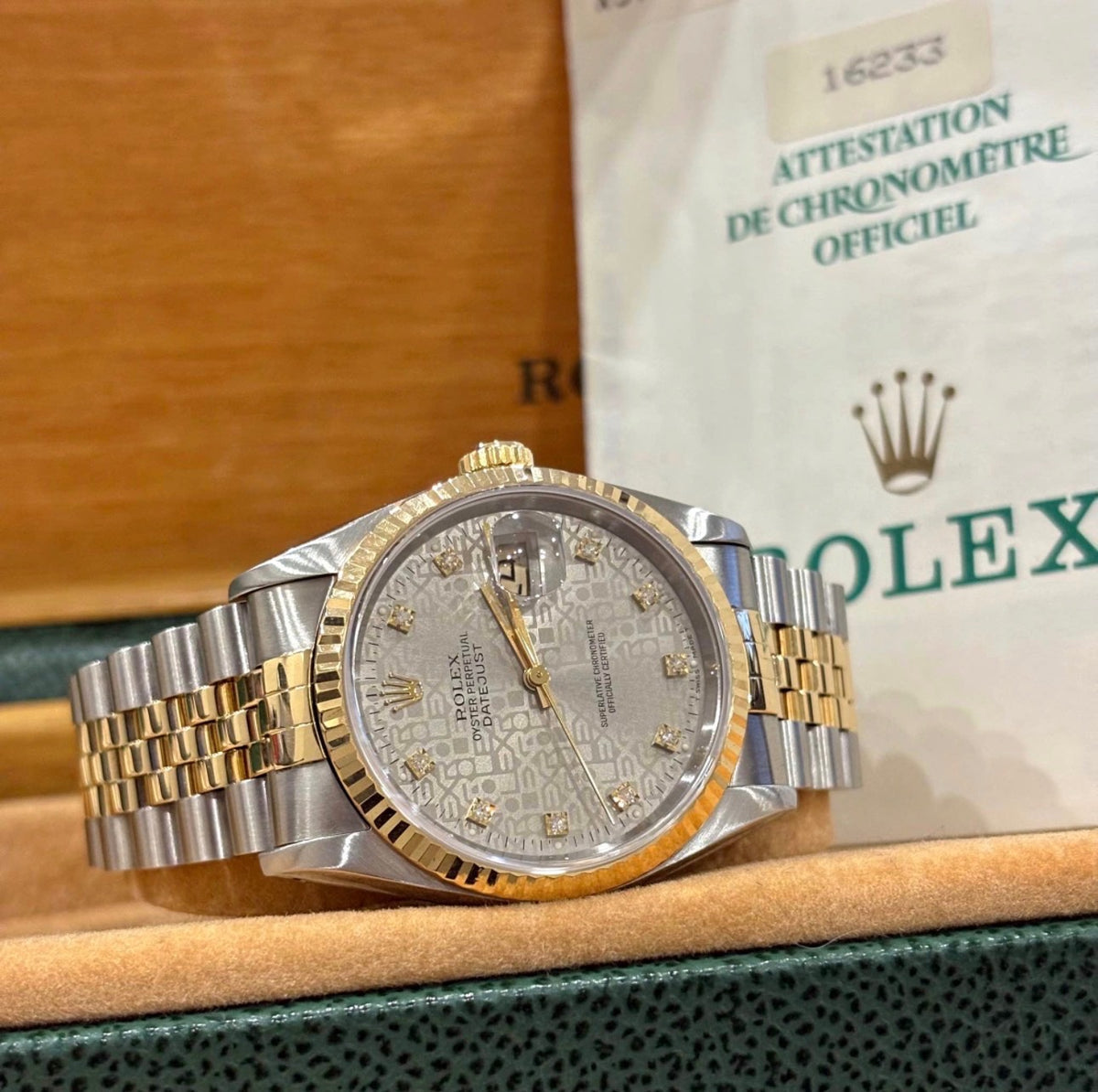 Rolex Datejust 36mm ref 16233 two tone with silver Computer diamond dial and its chronometer certificate at Adonia Jewellers in Yorkville, Toronto