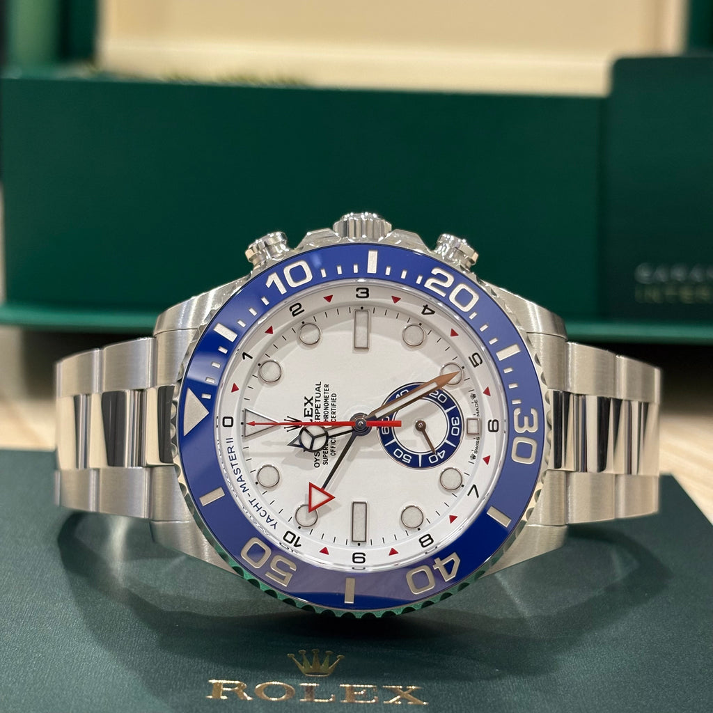 Brand new 2026 Rolex Yacht Master II 44mm Oystersteel white dial with blue Cerachrom bezel at Adonia Jewellers in Yorkville, Toronto