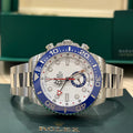 Brand new 2026 Rolex Yacht Master II 44mm Oystersteel white dial with blue Cerachrom bezel at Adonia Jewellers in Yorkville, Toronto