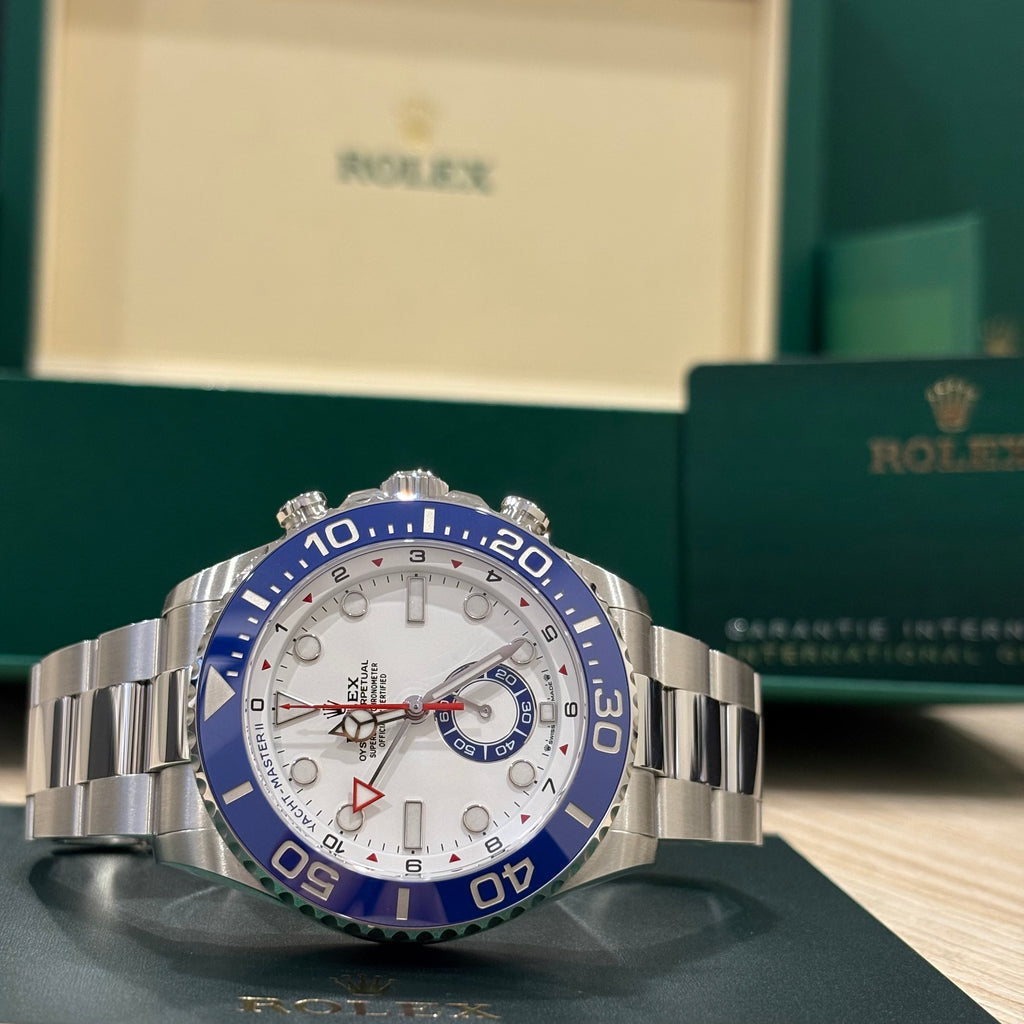 Rolex Yacht Master II 44mm white dial angled view showing the chronograph pushers and screw down crown