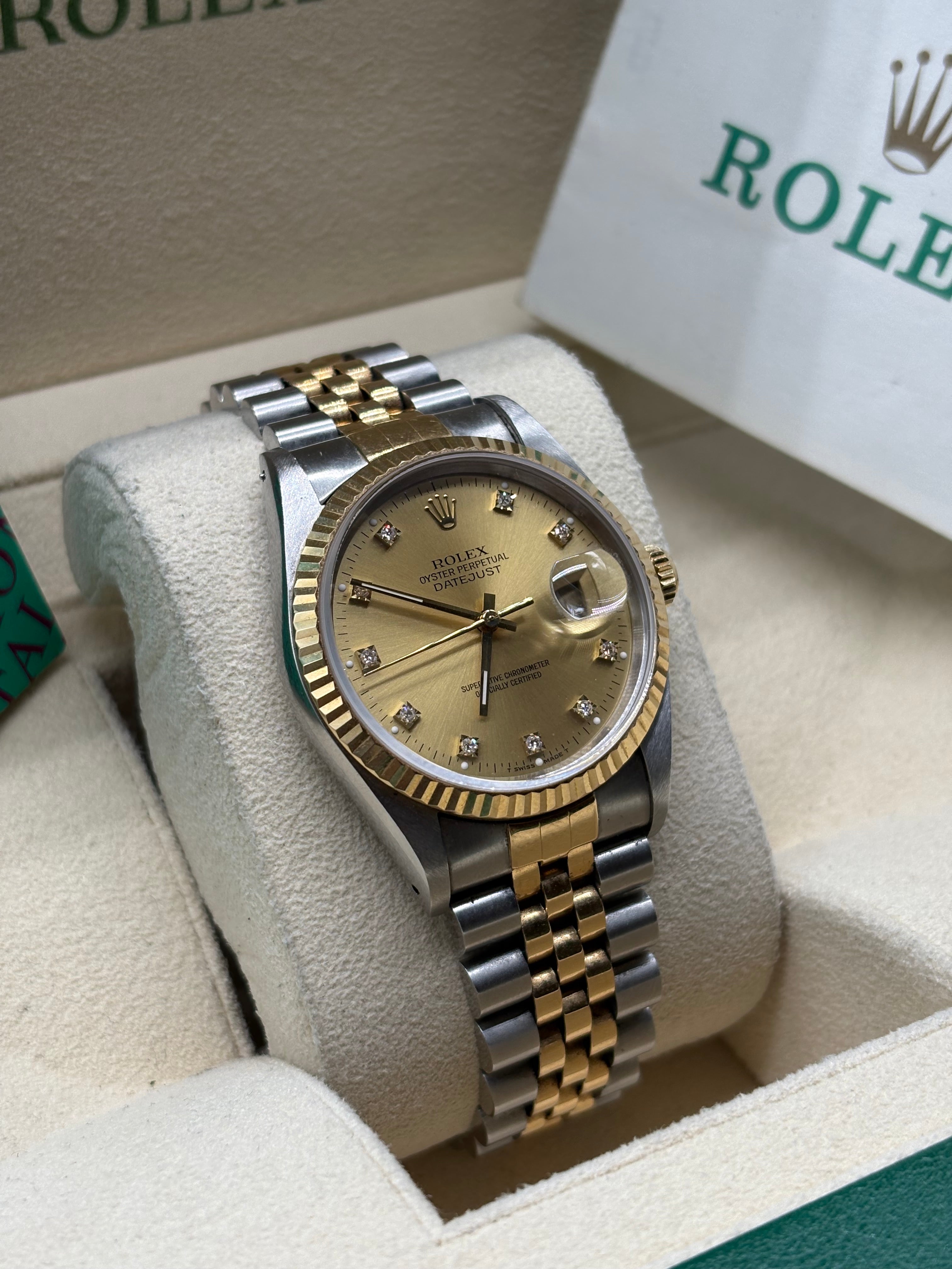 Rolex Datejust 36mm Champagne Diamond Dial Full Set