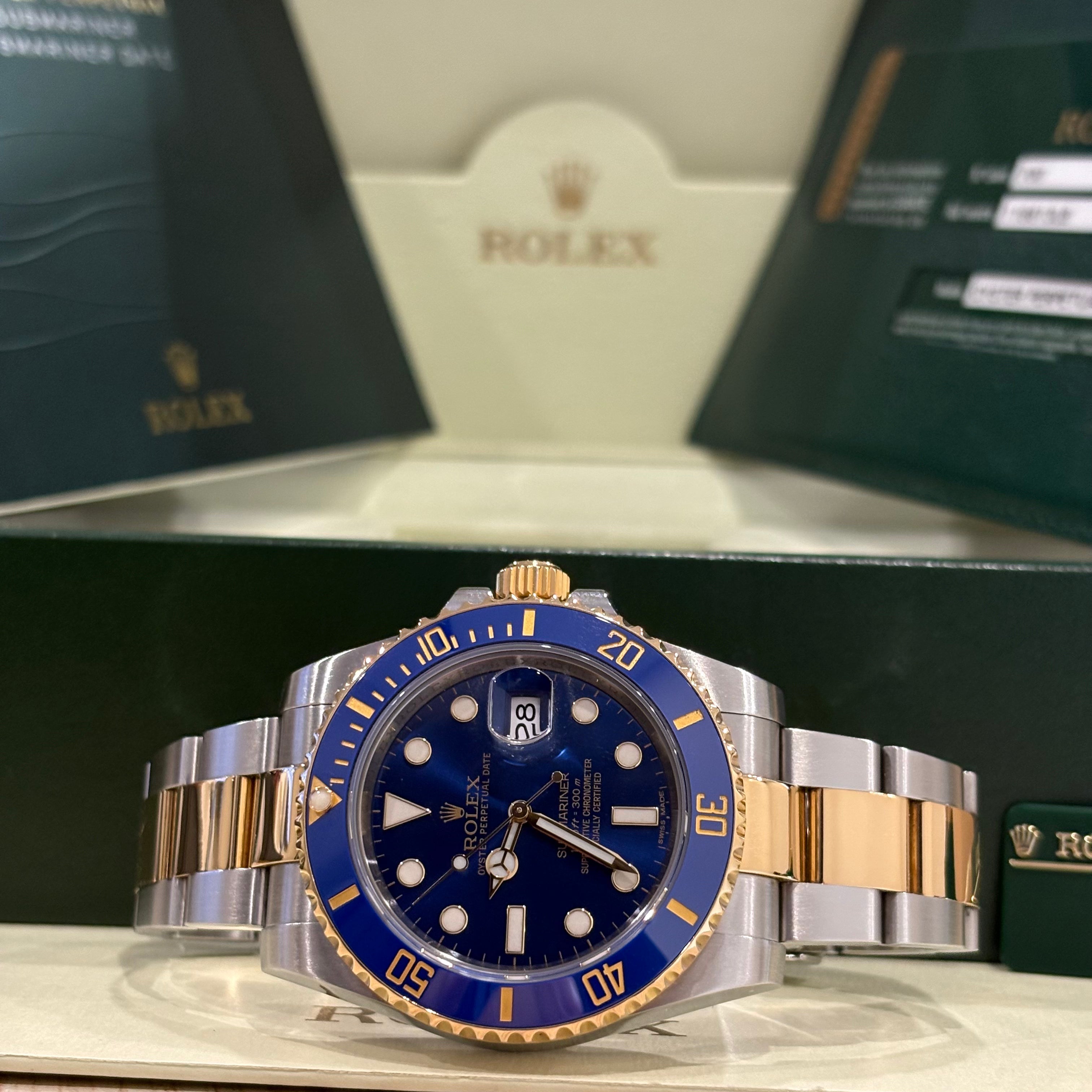 Rolex Submariner Date 40mm ref 116613LB Bluesy two tone yellow gold blue dial and blue ceramic bezel at Adonia Jewellers in Yorkville, Toronto
