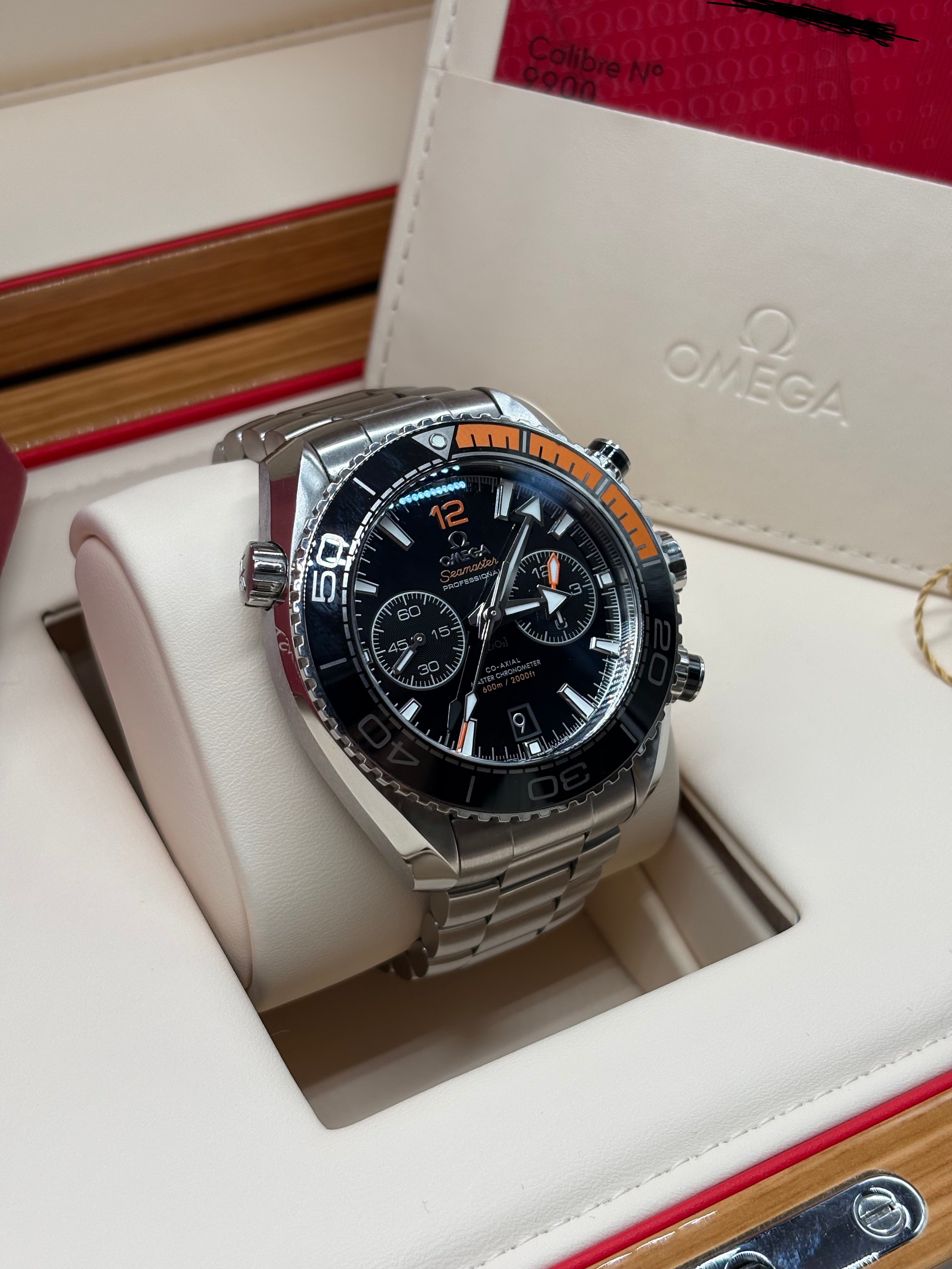 Omega Seamaster Planet Ocean 600M Chronograph 45.5mm Stainless Steel Black Dial Black & Orange Bezel Steel Bracelet Ref. 215.30.46.51.01.002