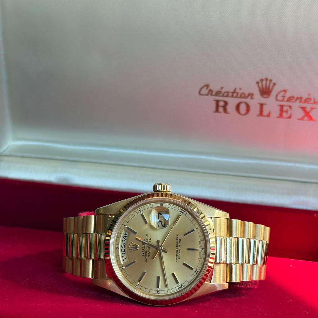 Rolex Day Date 36 Champagne Stick Dial 18K Yellow Gold