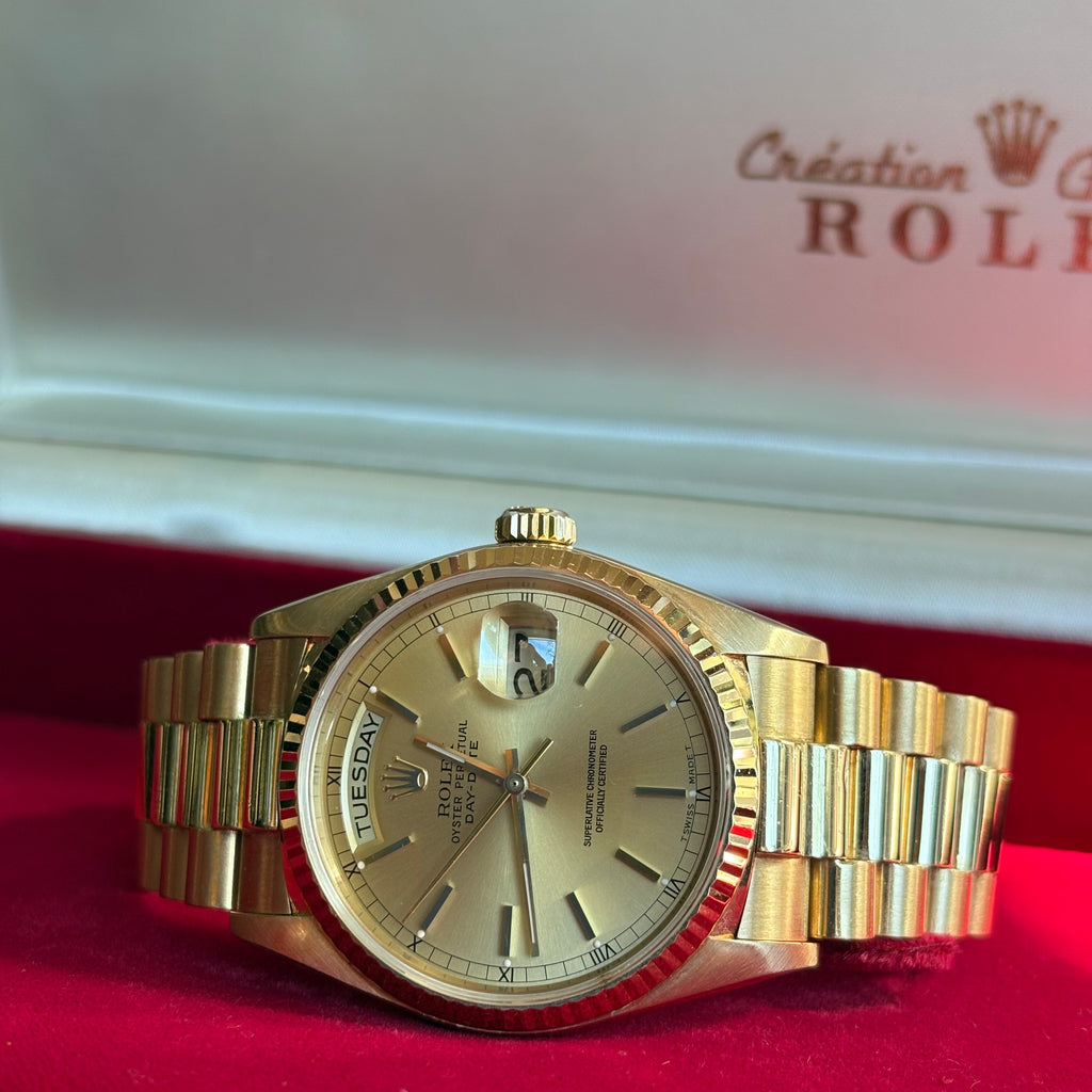 Rolex Day Date 36 Champagne Stick Dial 18K Yellow Gold