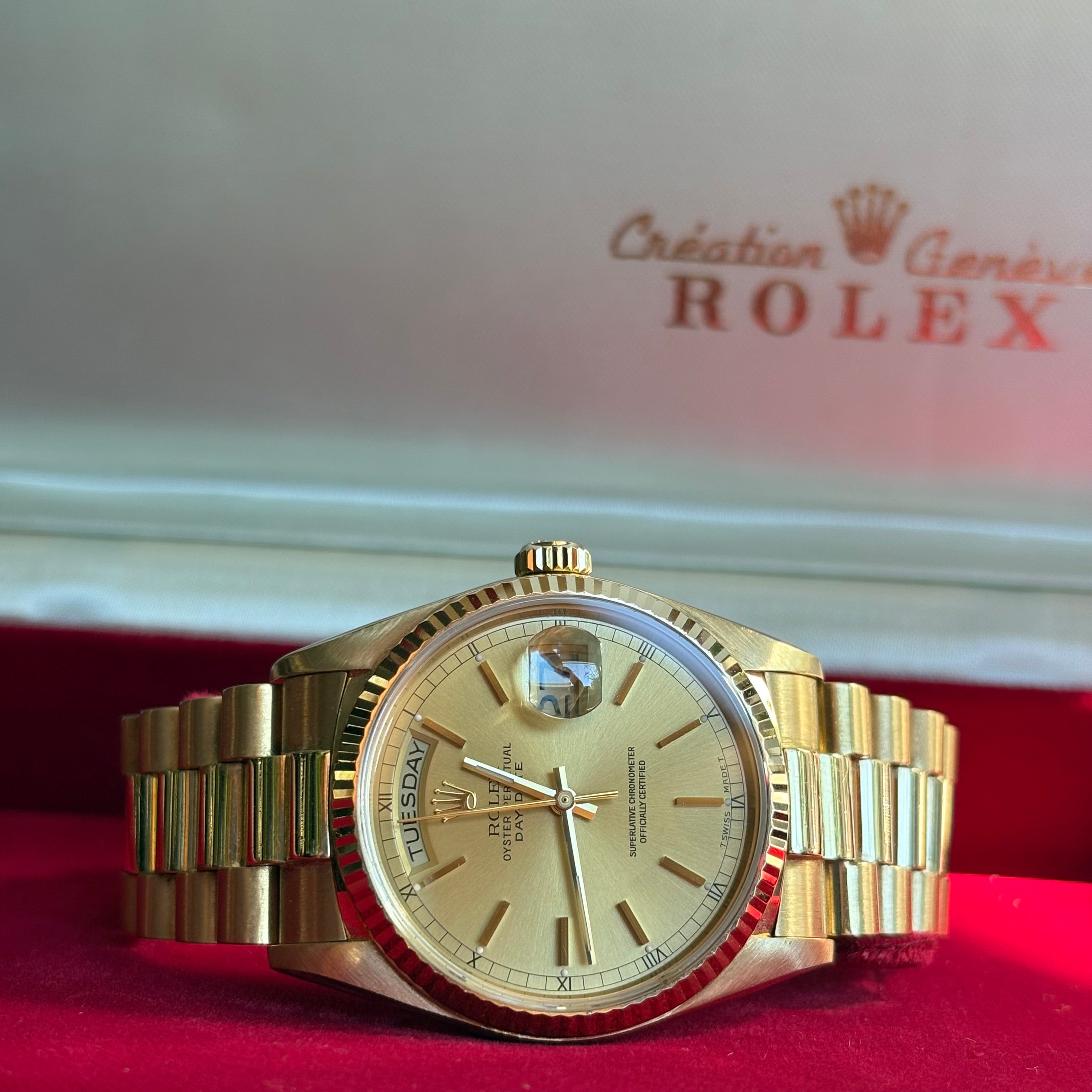 Rolex Day Date 36 Champagne Stick Dial 18K Yellow Gold