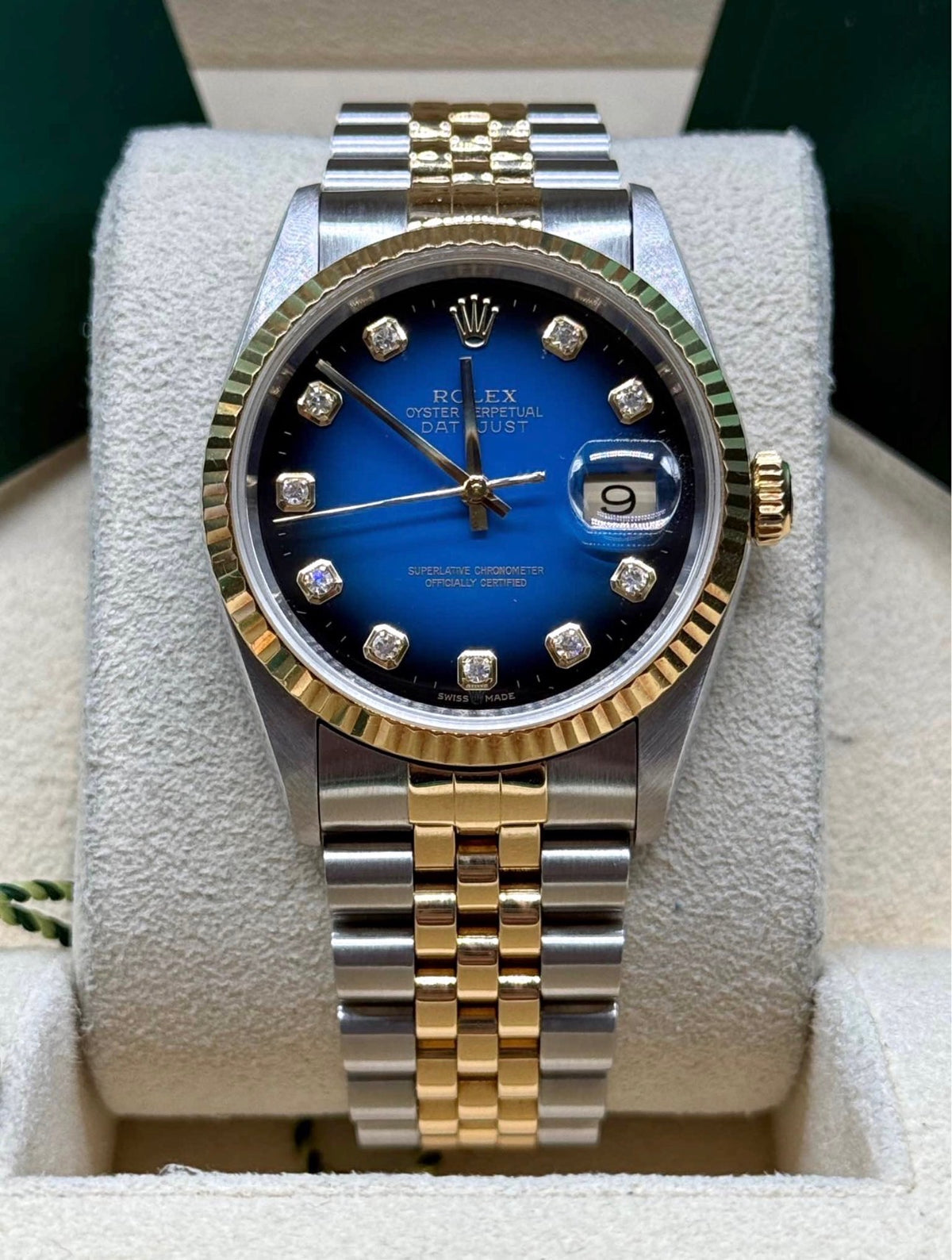 Rolex Datejust 36 Two-Tone Yellow Gold Blue Vignette Diamond Dial Ref. 16233