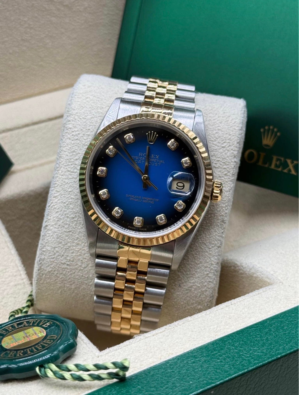Rolex Datejust 36 Two-Tone Yellow Gold Blue Vignette Diamond Dial Ref. 16233