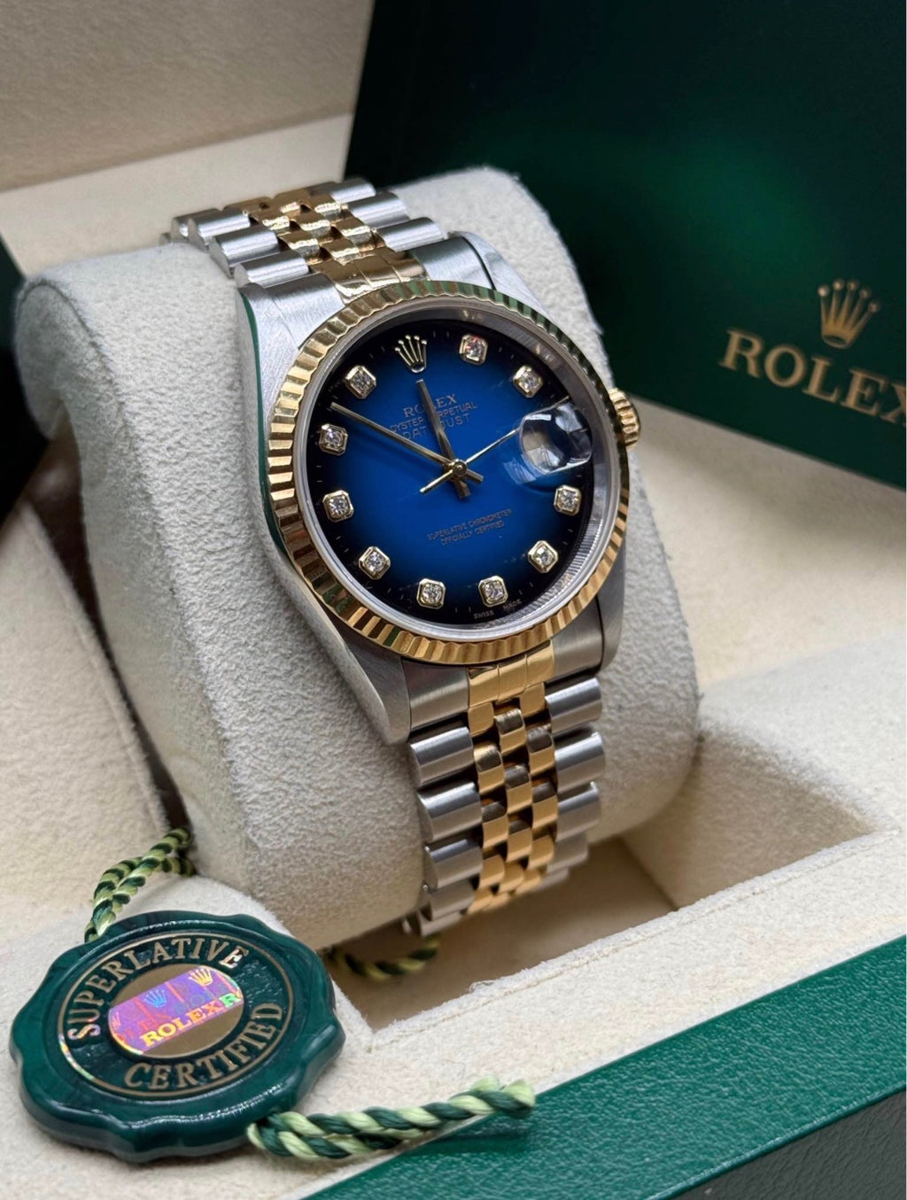 Rolex Datejust 36 Two-Tone Yellow Gold Blue Vignette Diamond Dial Ref. 16233