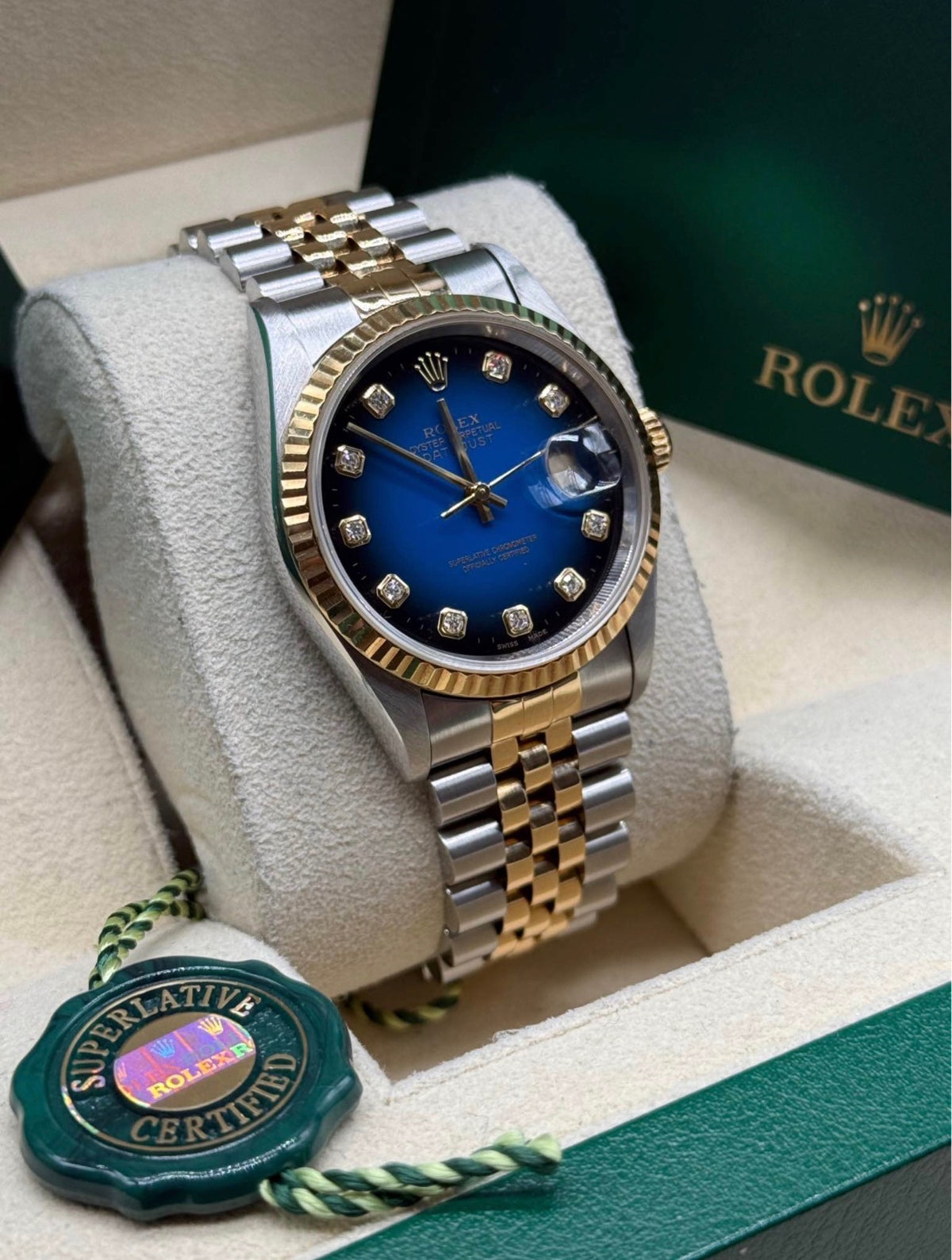 Rolex Datejust 36 Two-Tone Yellow Gold Blue Vignette Diamond Dial Ref. 16233