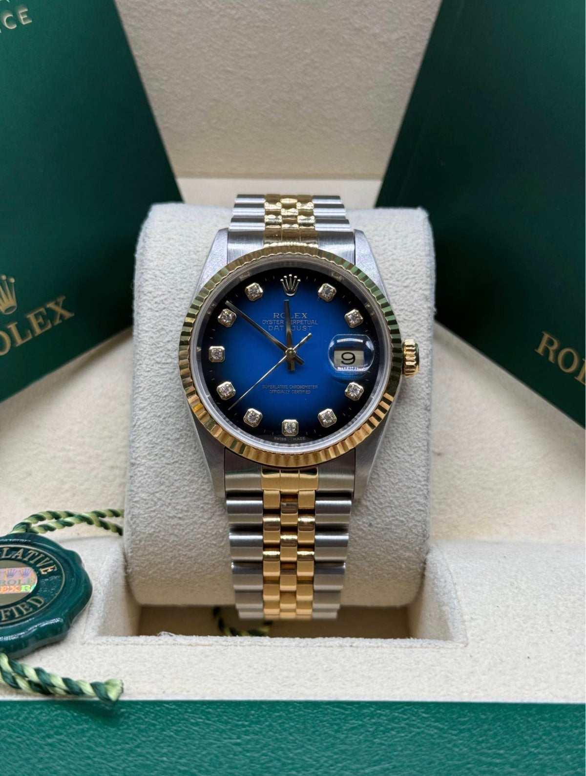Rolex Datejust 36 Two-Tone Yellow Gold Blue Vignette Diamond Dial Ref. 16233