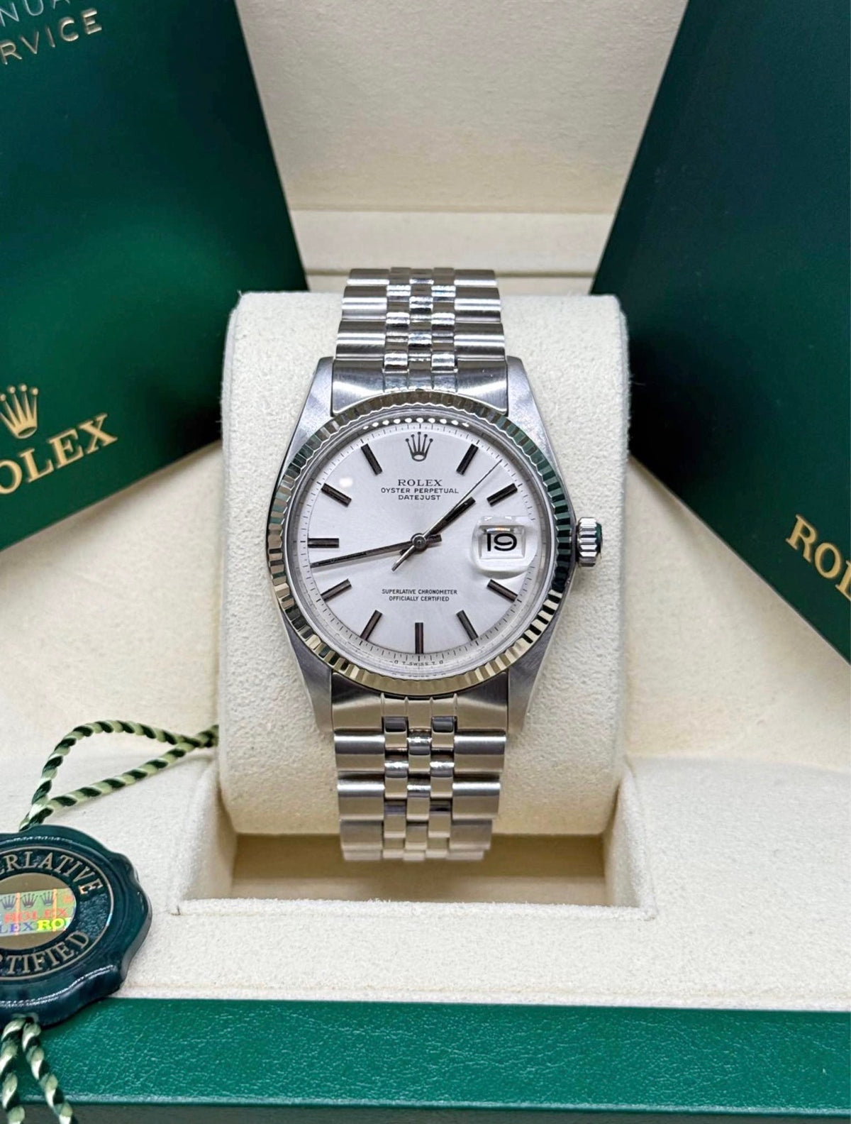 Rolex Datejust 36mm ref 16234 stainless steel silver index dial with 18K white gold fluted bezel on Jubilee bracelet at Adonia Jewellers in Yorkville, Toronto