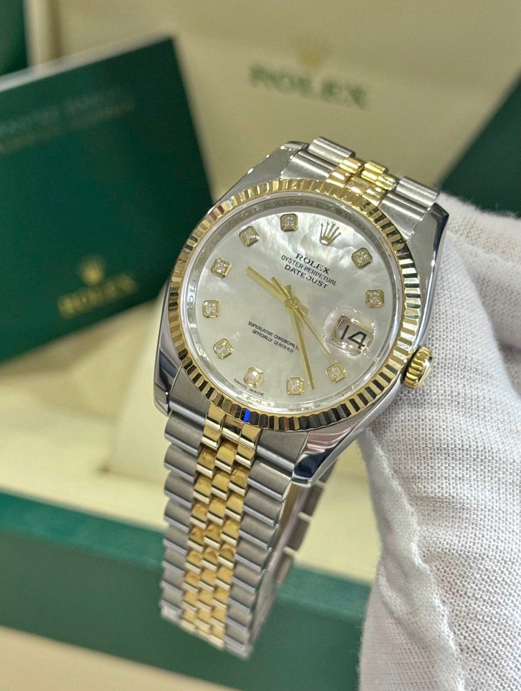 Rolex Datejust 36mm Two Tone Factory Mother Of Pearl Diamond Dial 116233 Complete Set