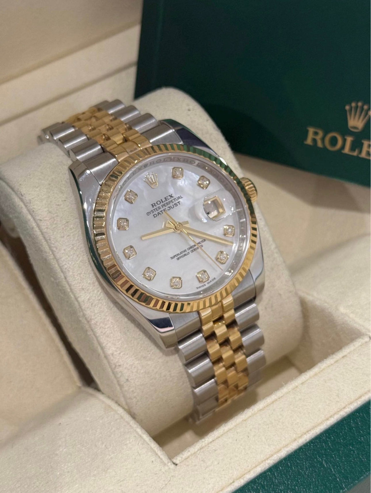 Rolex Datejust 36mm Two Tone Factory Mother Of Pearl Diamond Dial 116233 Complete Set