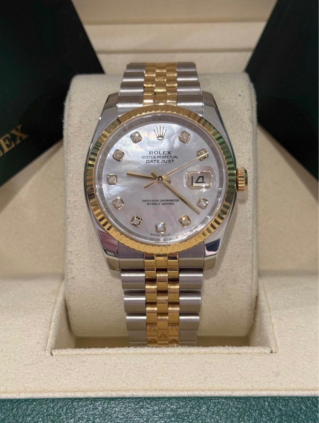 Rolex Datejust 36mm Two Tone Factory Mother Of Pearl Diamond Dial 116233 Complete Set