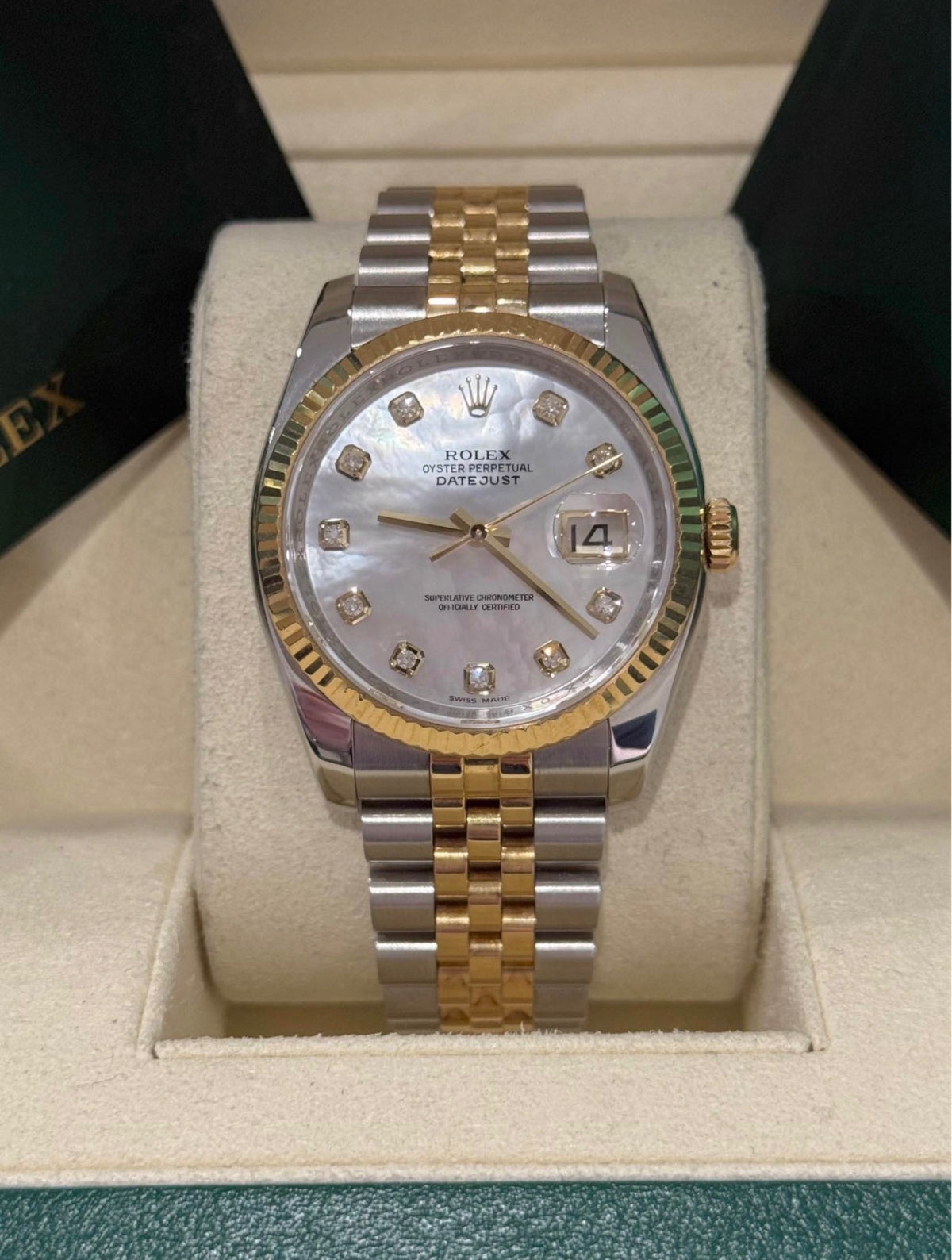 Rolex Datejust 36mm Two Tone Factory Mother Of Pearl Diamond Dial 116233 Complete Set