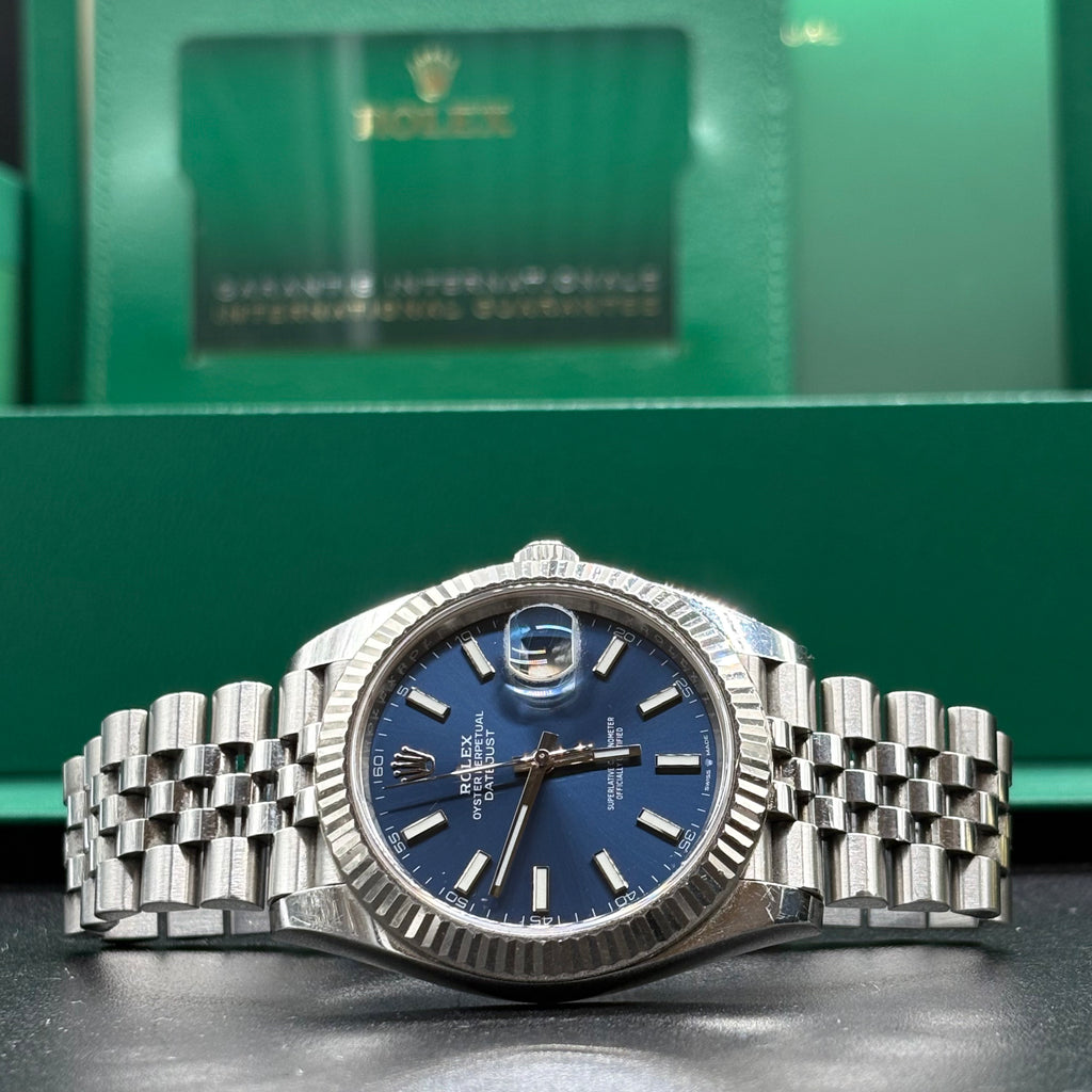 Rolex Datejust 41mm stainless steel blue stick dial with white gold fluted bezel on Jubilee bracelet at Adonia Jewellers in Yorkville, Toronto
