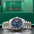 Rolex Datejust 41mm stainless steel blue stick dial with white gold fluted bezel on Jubilee bracelet at Adonia Jewellers in Yorkville, Toronto