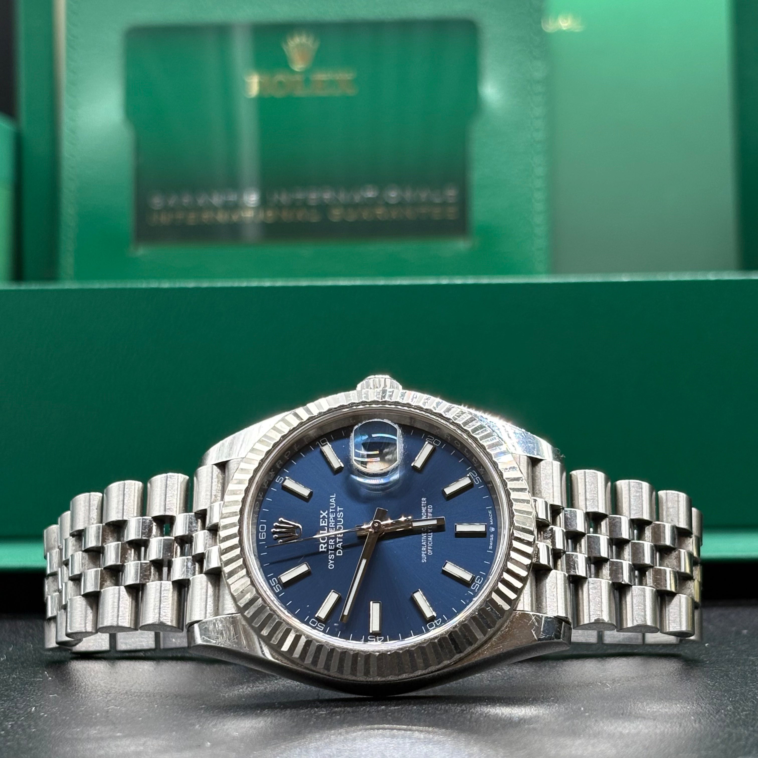 Rolex Datejust 41mm stainless steel blue stick dial with white gold fluted bezel on Jubilee bracelet at Adonia Jewellers in Yorkville, Toronto