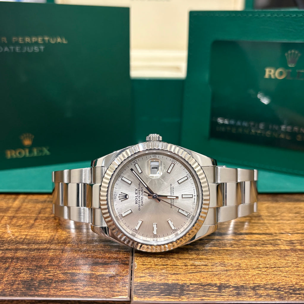 Rolex Datejust 41 ref 126334 Oystersteel silver stick dial with white gold fluted bezel on Oyster bracelet at Adonia Jewellers in Yorkville, Toronto