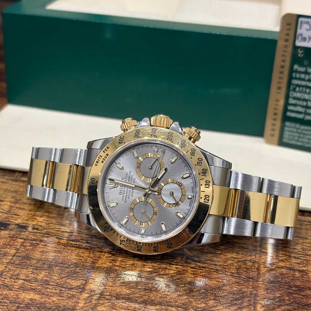 Rolex Daytona 116503 front view of the silver stick dial and two tone Oyster bracelet