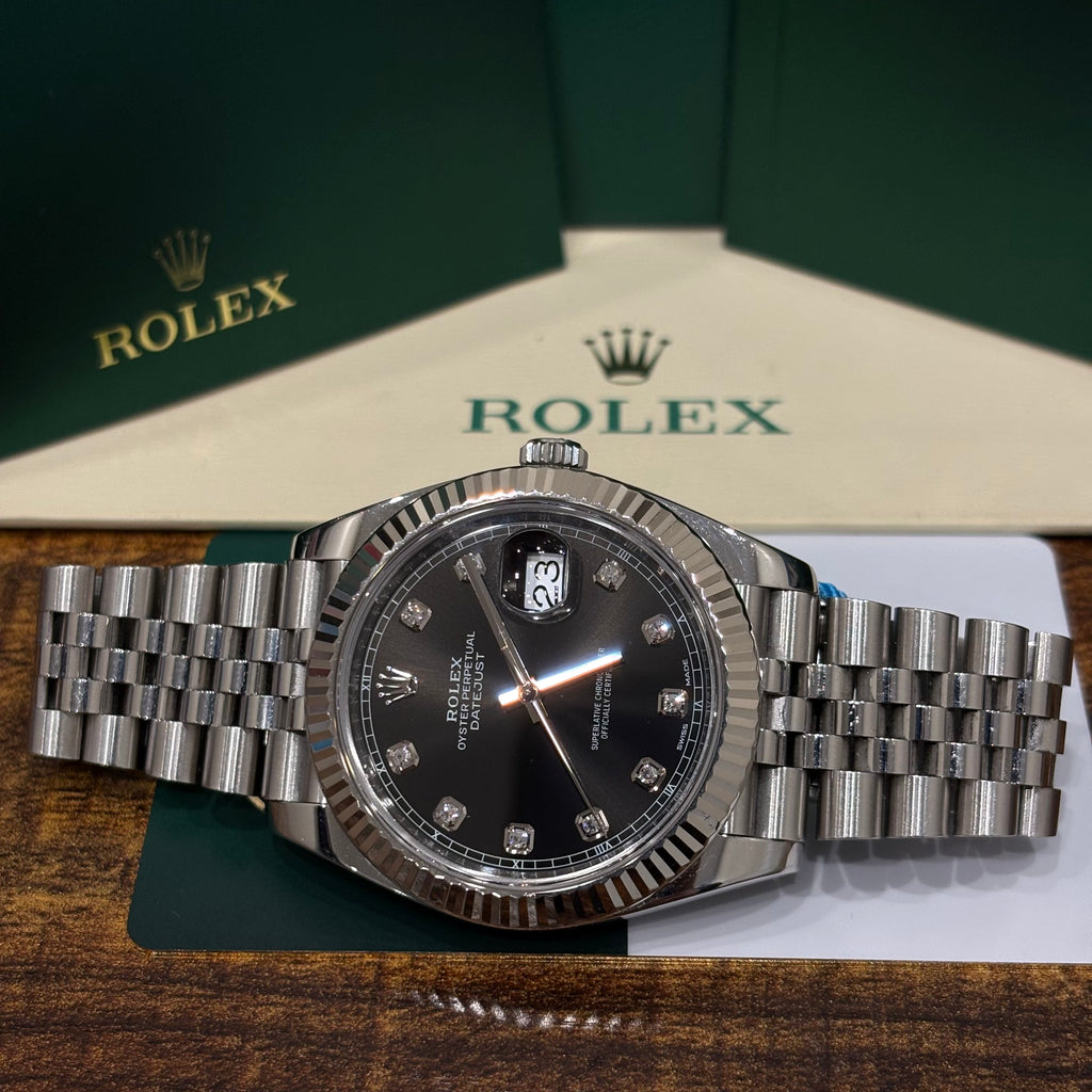 Rolex Datejust 41 ref 126334 black diamond dial with white gold fluted bezel on Jubilee bracelet at Adonia Jewellers in Yorkville, Toronto