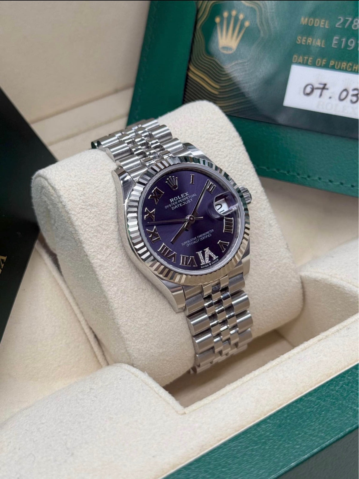 Rolex Datejust 31mm Stainless Steel Purple Aubergine Dial 278274 Complete Set
