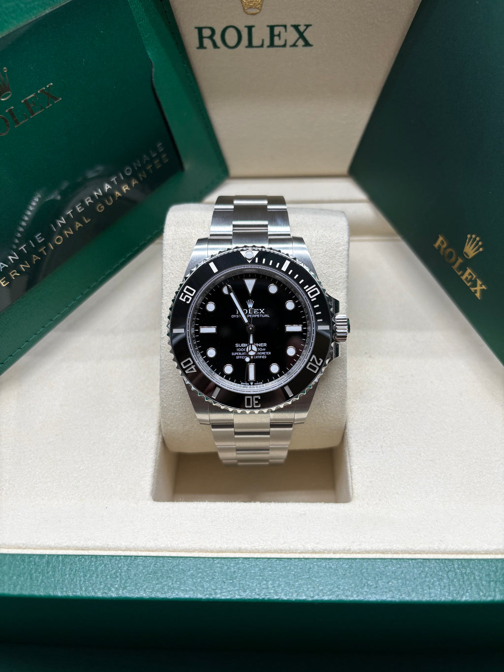 Brand new 2026 Rolex Submariner 41mm no date Oystersteel black dial and black Cerachrom bezel in its Rolex box at Adonia Jewellers in Yorkville, Toronto