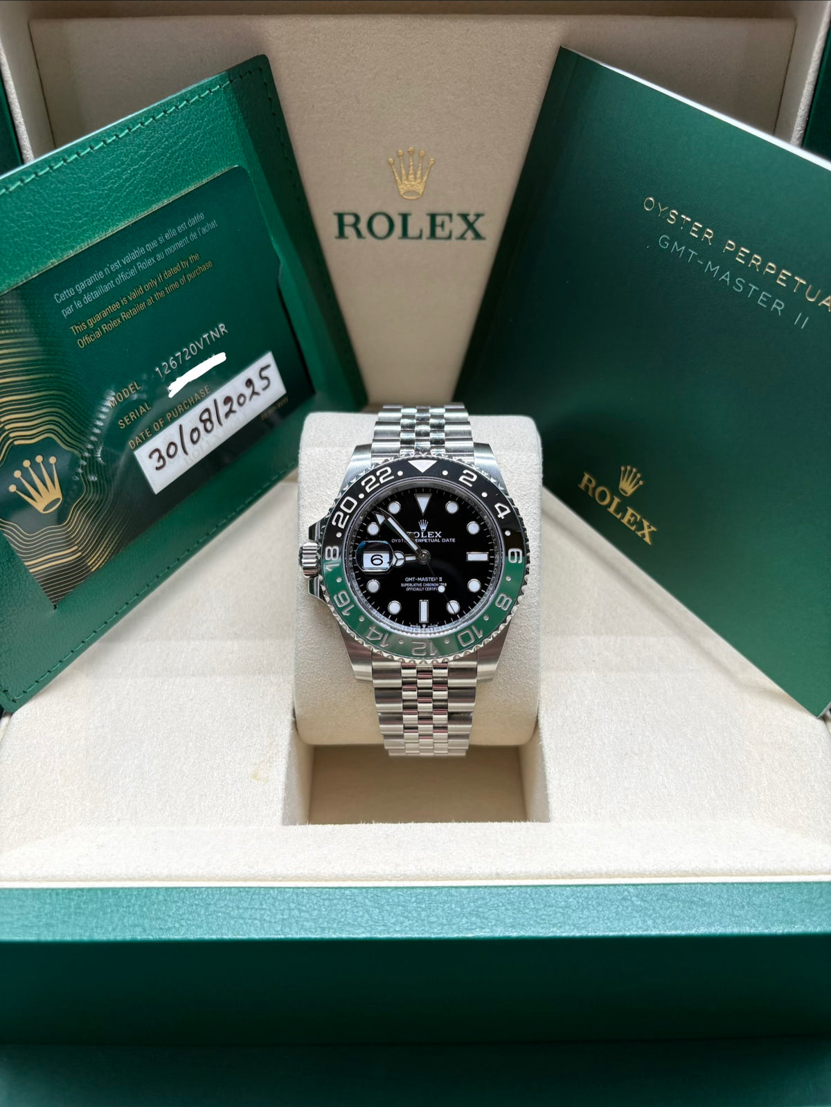 Rolex GMT Master II Sprite full set in its green Rolex box with 2025 dated warranty card and GMT Master II booklet