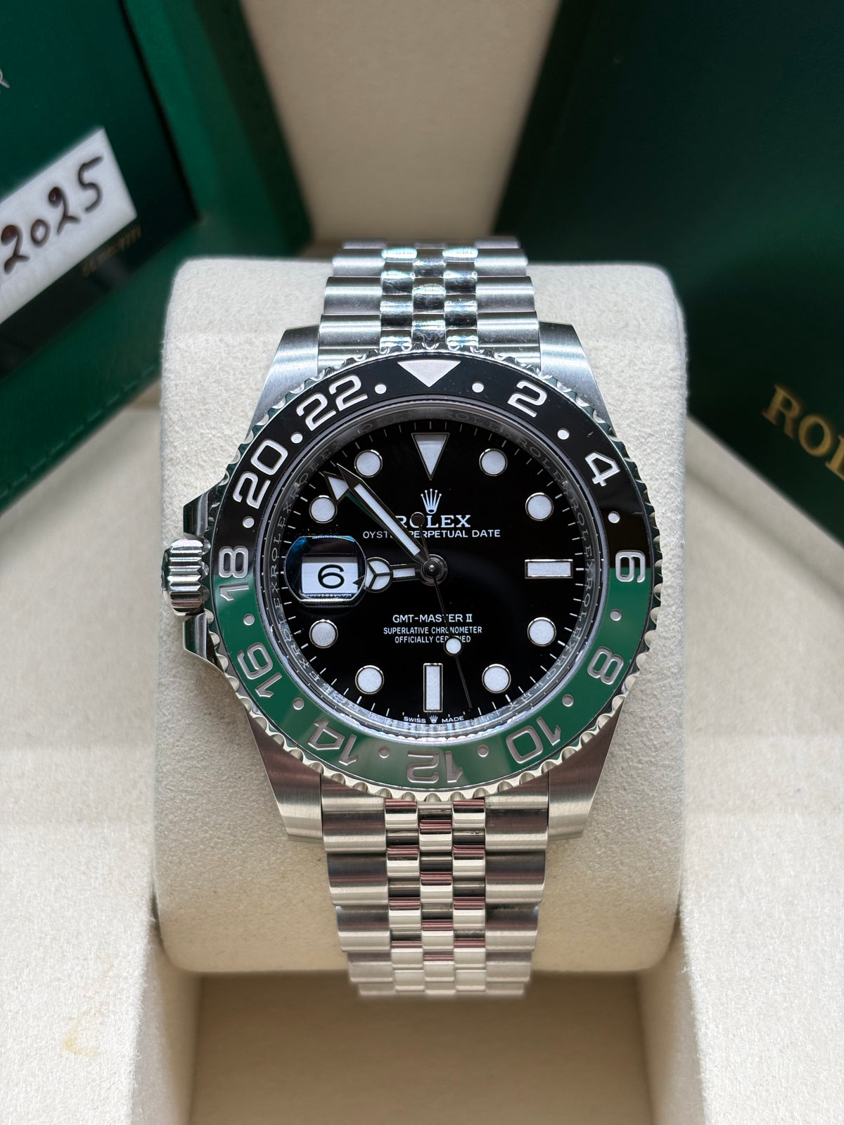 Rolex GMT Master II Sprite 126720VTNR green and black Cerachrom bezel on Jubilee bracelet, 2025 full set at Adonia Jewellers in Yorkville, Toronto