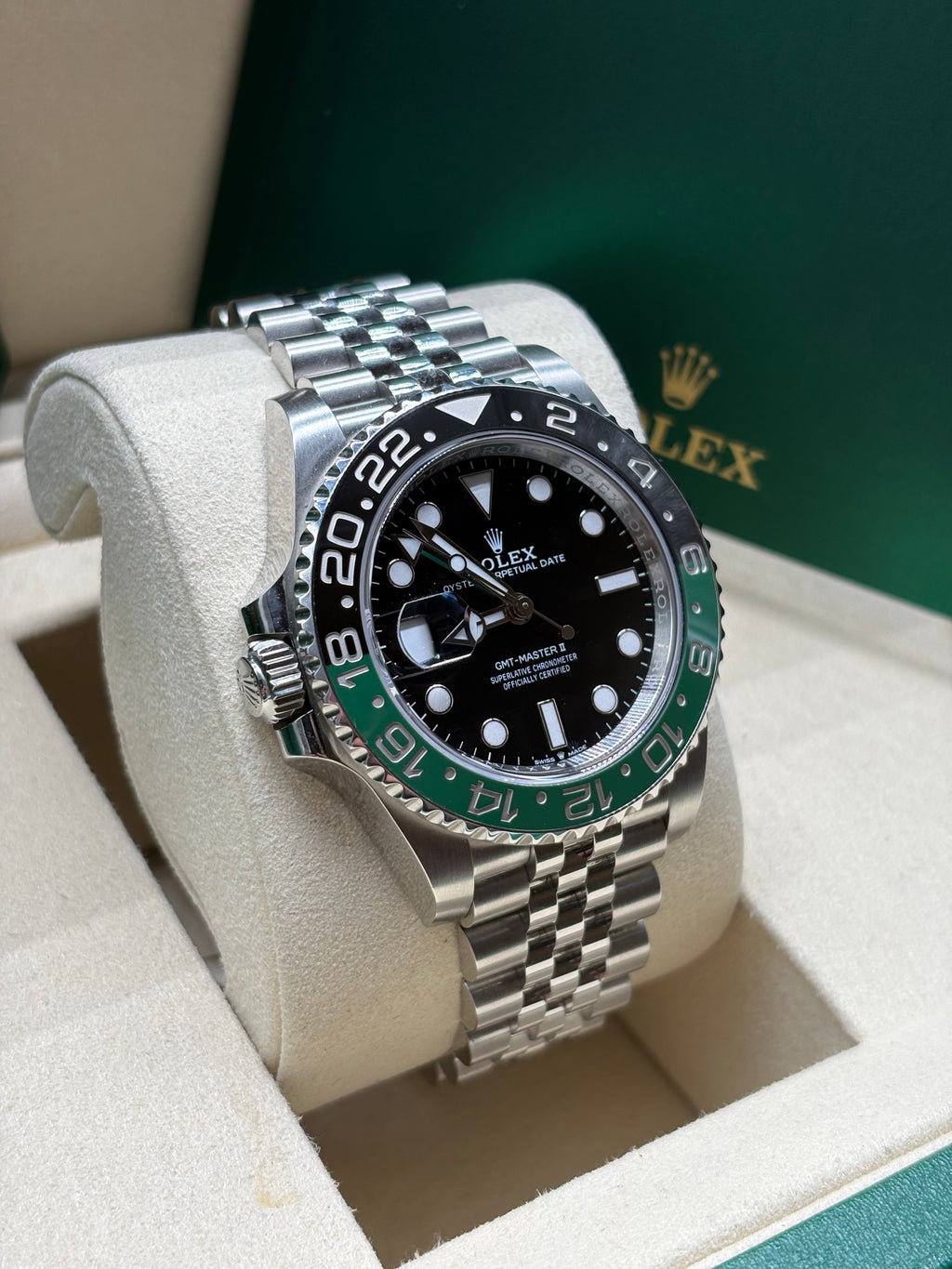 Rolex GMT Master II Sprite left hand crown side view with date window and Jubilee bracelet
