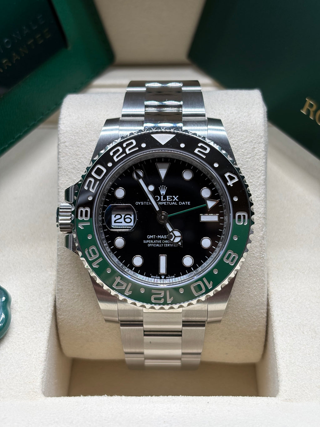 Brand new 2026 Rolex GMT Master II Sprite green and black Cerachrom bezel on Oyster bracelet at Adonia Jewellers in Yorkville, Toronto