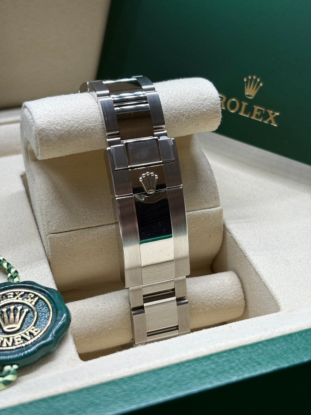 Back view of the 2026 Rolex GMT Master II Sprite Oyster bracelet with folding Oysterlock safety clasp