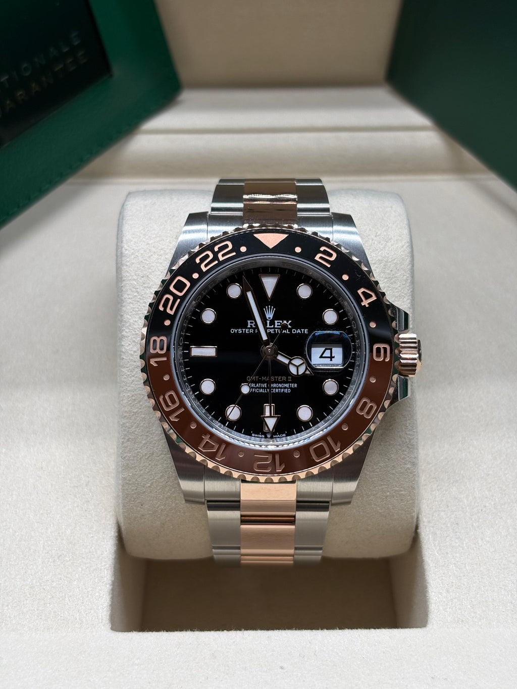 Brand new 2026 Rolex GMT Master II Root Beer 40mm Oystersteel and 18K Everose gold with brown and black Cerachrom bezel at Adonia Jewellers in Yorkville, Toronto