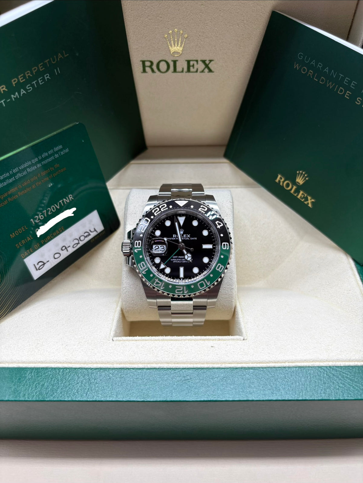 Rolex GMT Master II Sprite 126720VTNR on Oyster bracelet, 2024 full set in its Rolex box at Adonia Jewellers in Yorkville, Toronto