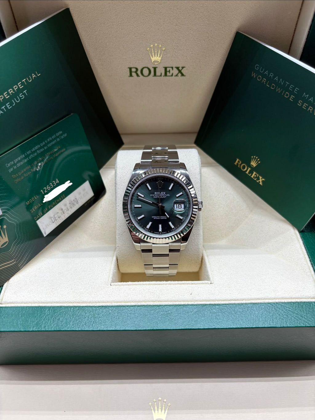 Rolex Datejust 41 126334 mint green dial full set in its green Rolex box with warranty card and booklets