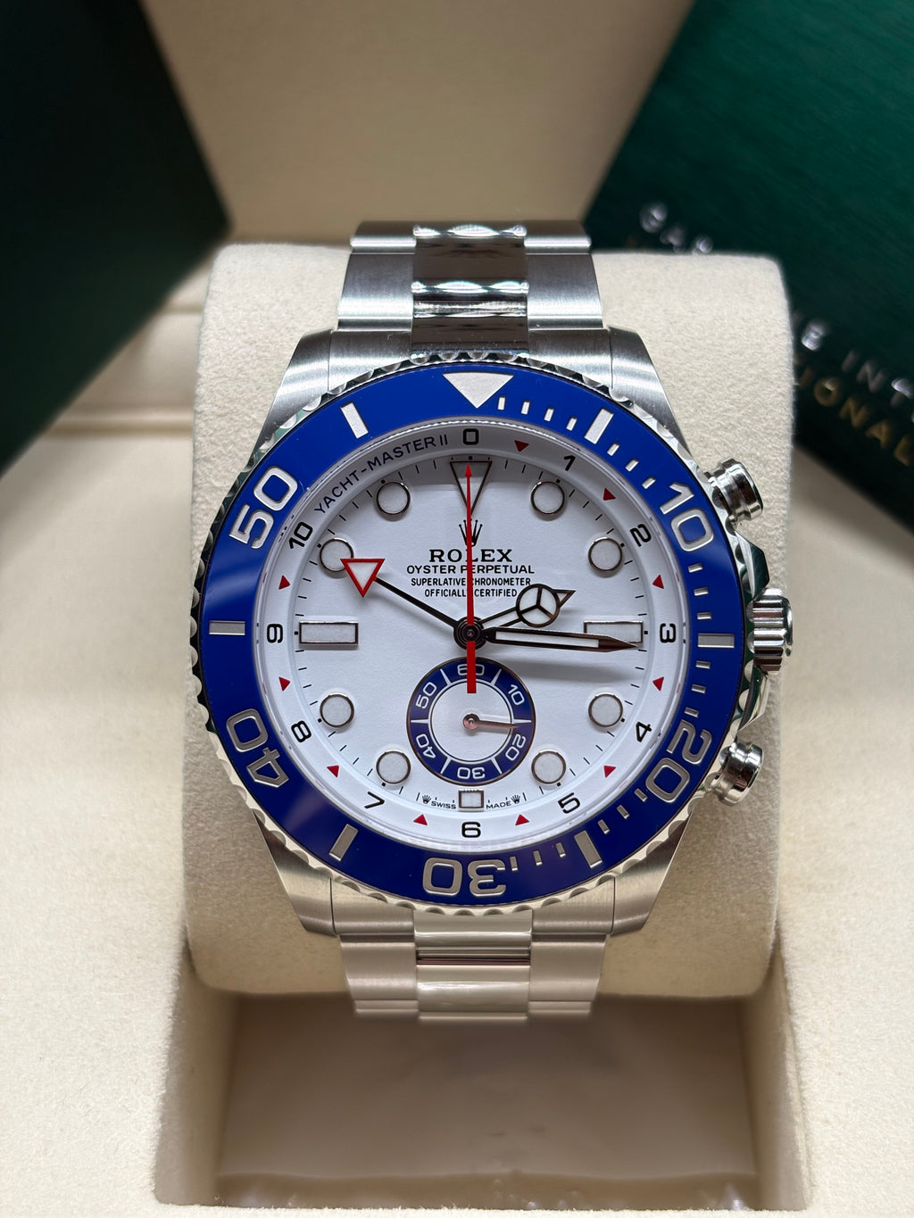Rolex Yacht Master II white dial front view on its cushion with Oystersteel Oyster bracelet
