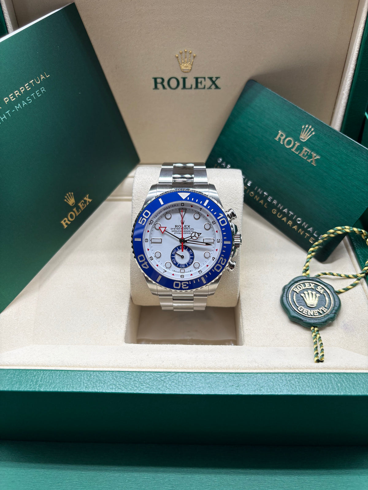 Rolex Yacht Master II 2026 full set in its green Rolex box with International Guarantee wallet and hang tag