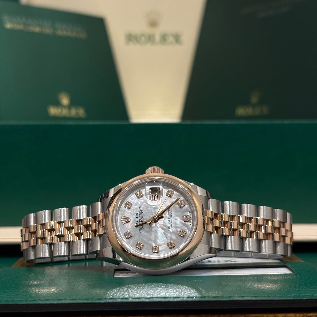 Rolex Lady Datejust 28mm two tone Everose gold white mother of pearl diamond dial with smooth domed bezel on Jubilee bracelet at Adonia Jewellers in Yorkville, Toronto
