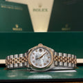 Rolex Lady Datejust 28mm two tone Everose gold white mother of pearl diamond dial with smooth domed bezel on Jubilee bracelet at Adonia Jewellers in Yorkville, Toronto