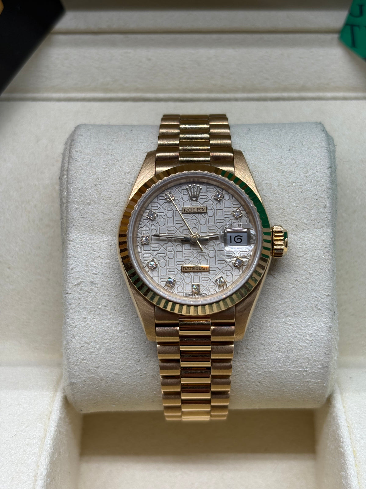 Rolex Lady Datejust 26mm 18K yellow gold silver diamond Computer dial on President bracelet at Adonia Jewellers in Yorkville, Toronto