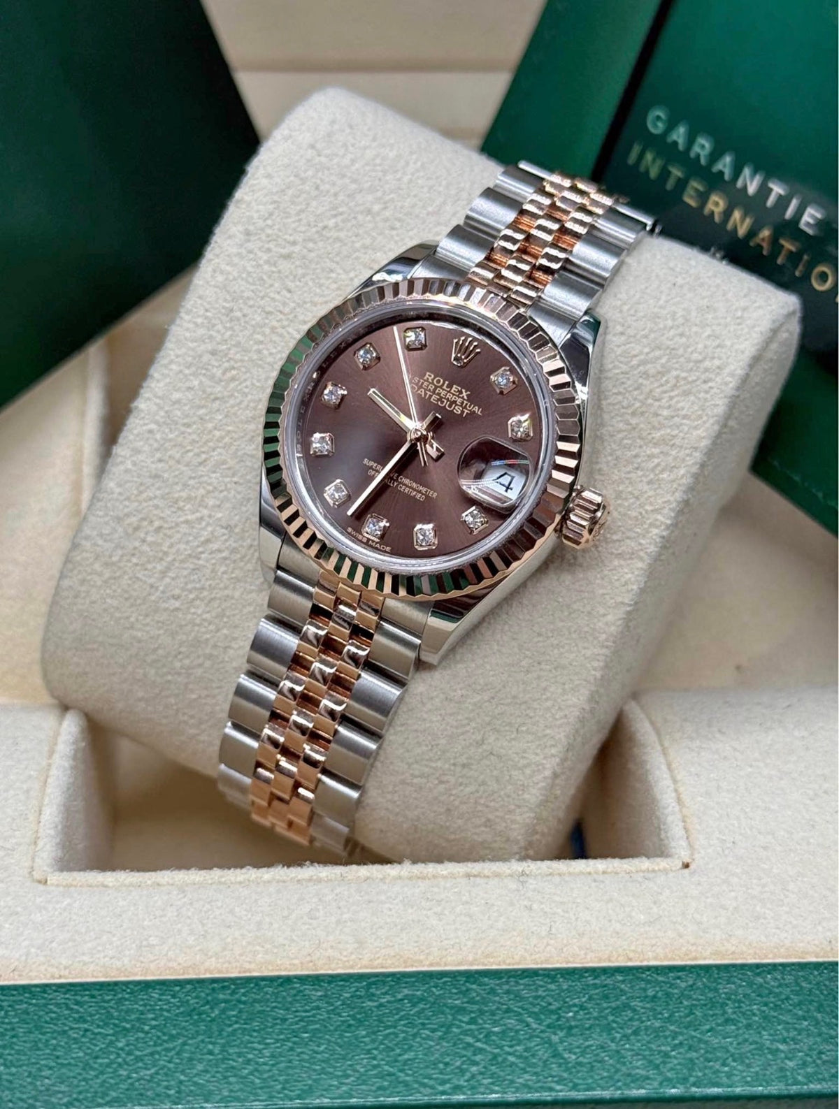 Rolex Lady-Datejust 28mm Two Tone Rose Gold Chocolate Diamond Dial 279171