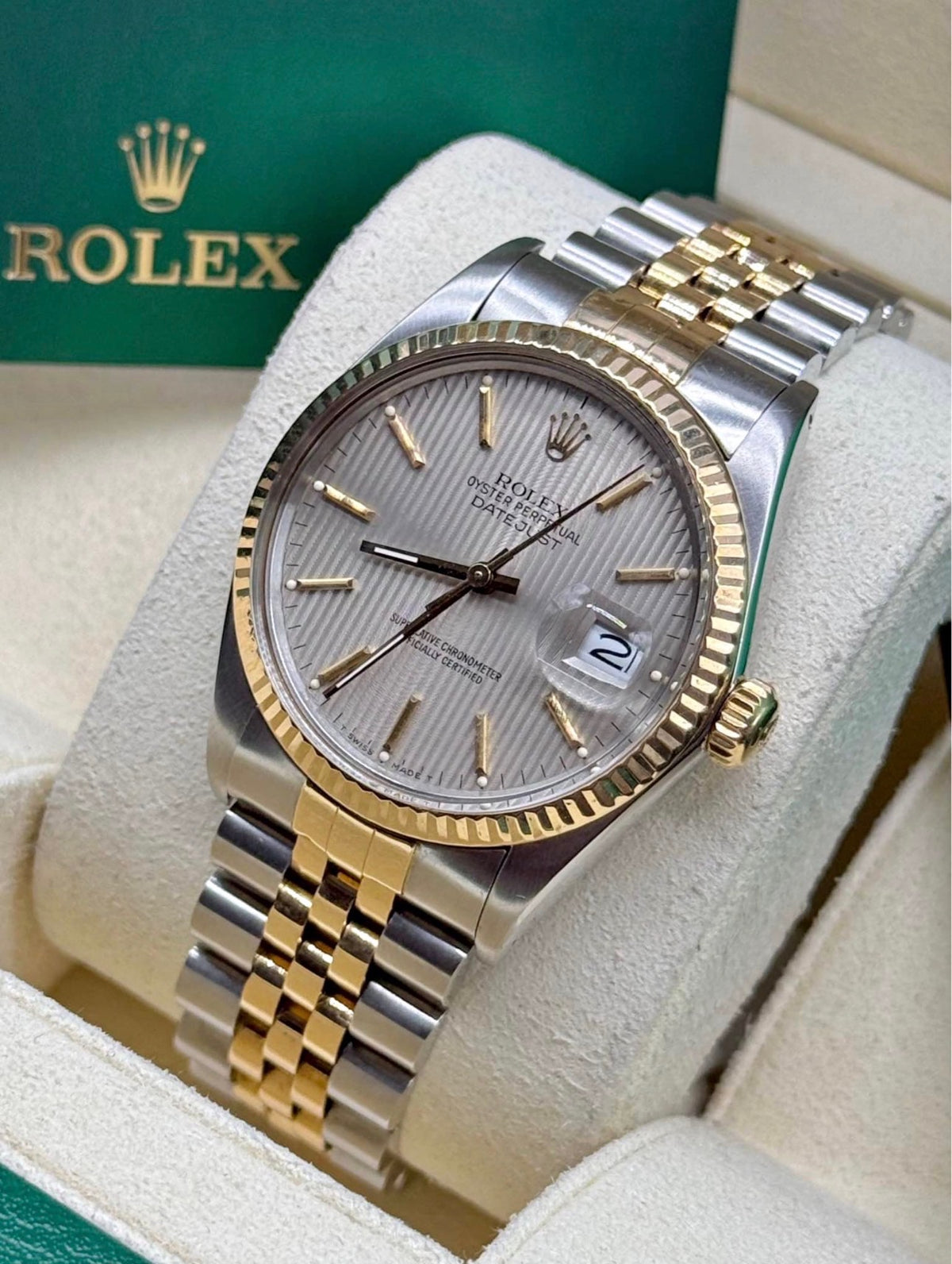 Rolex Datejust 36mm Two Tone Silver Tapestry Dial 16013