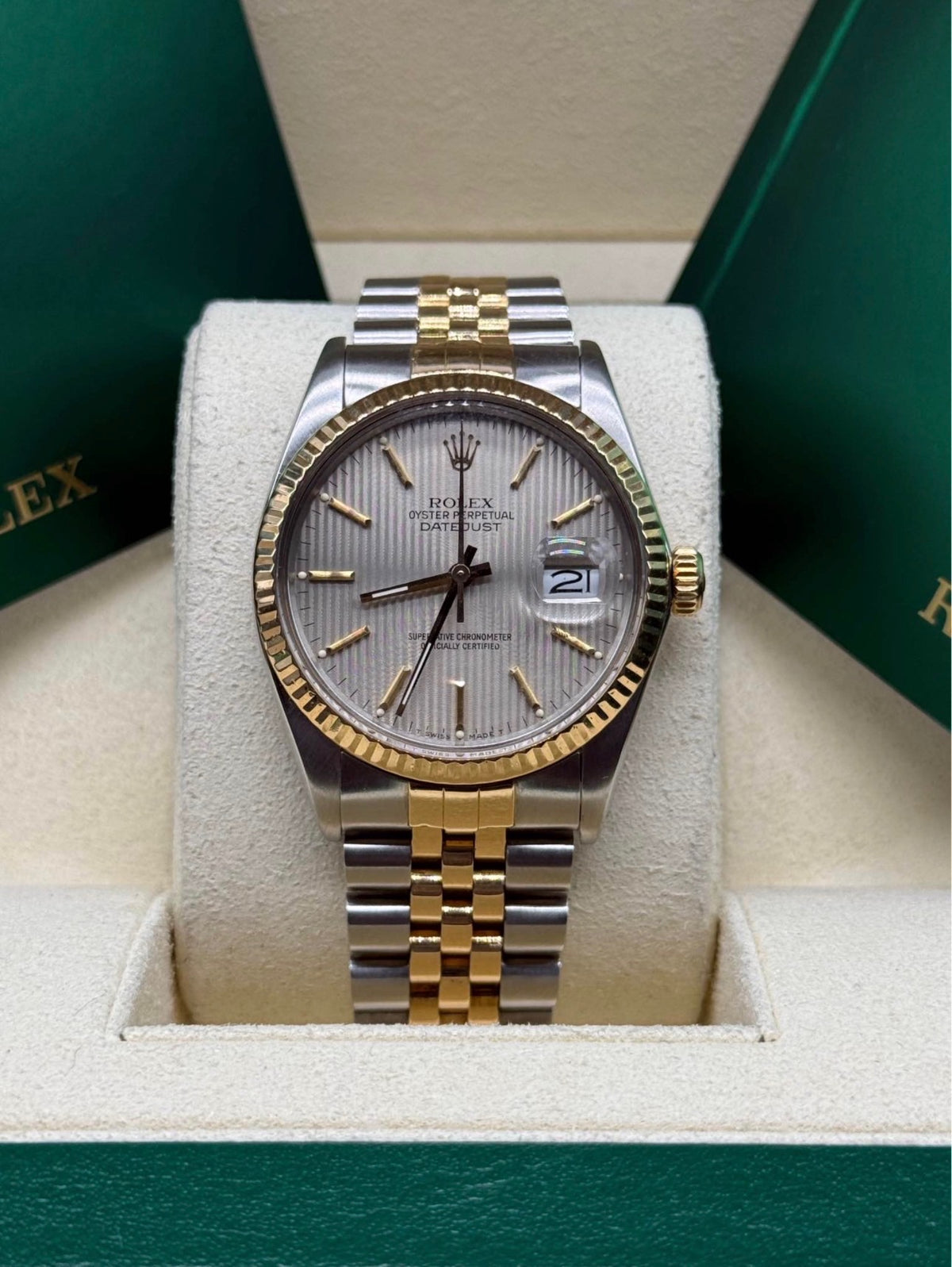 Rolex Datejust 36mm Two Tone Silver Tapestry Dial 16013