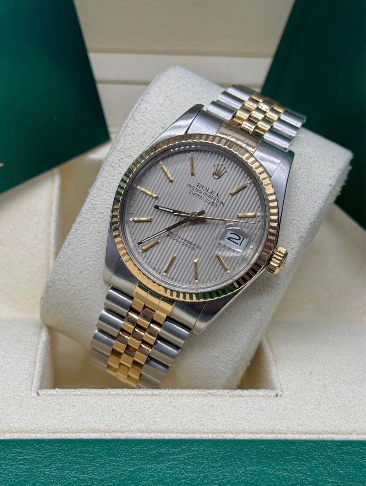 Rolex Datejust 36mm Two Tone Silver Tapestry Dial 16013