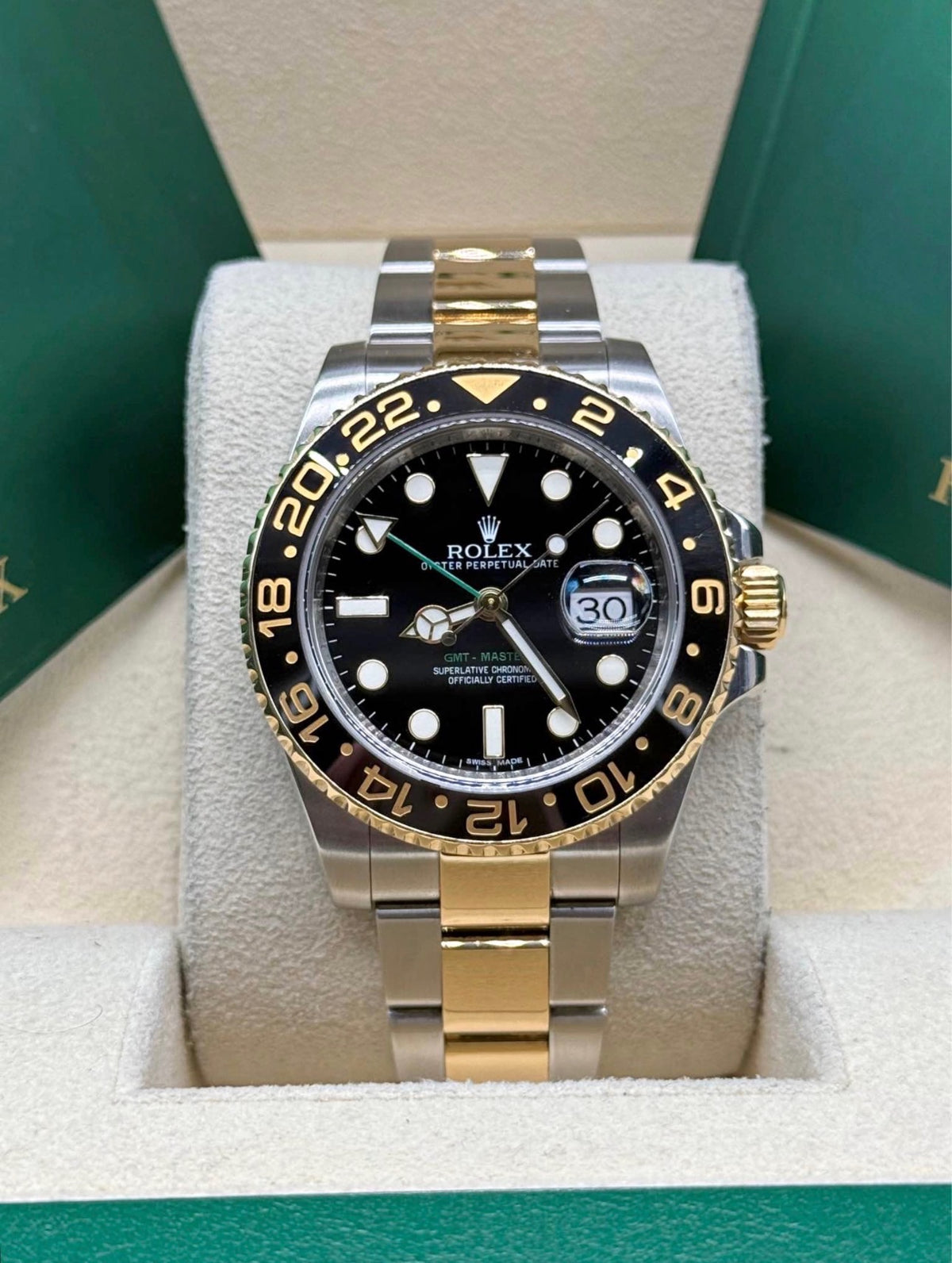 Rolex GMT-Master II 40mm Two Tone Black Dial Green Arrow 116713