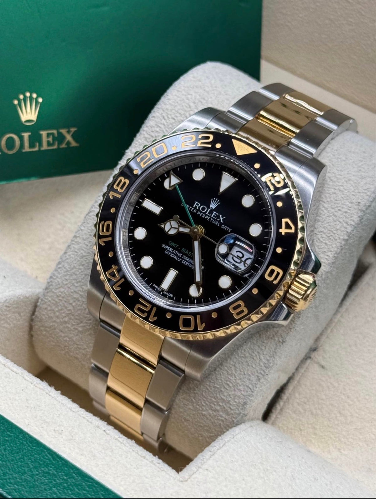 Rolex GMT-Master II 40mm Two Tone Black Dial Green Arrow 116713