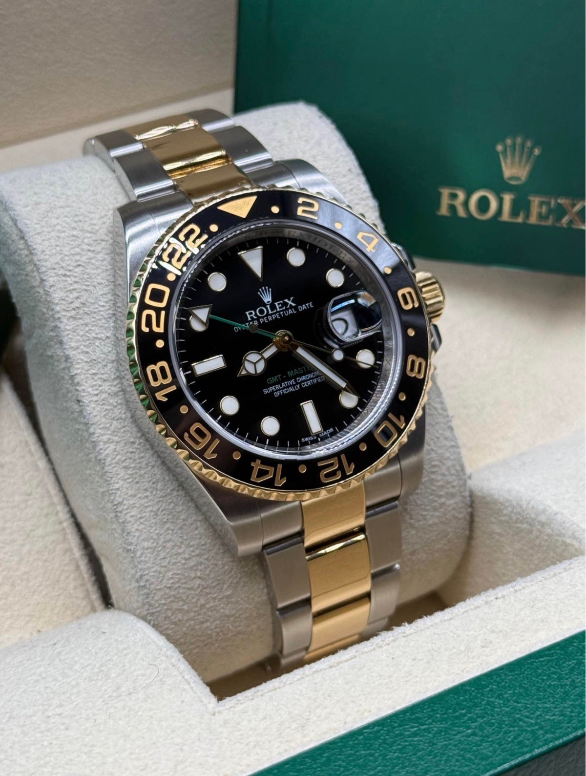 Rolex GMT-Master II 40mm Two Tone Black Dial Green Arrow 116713