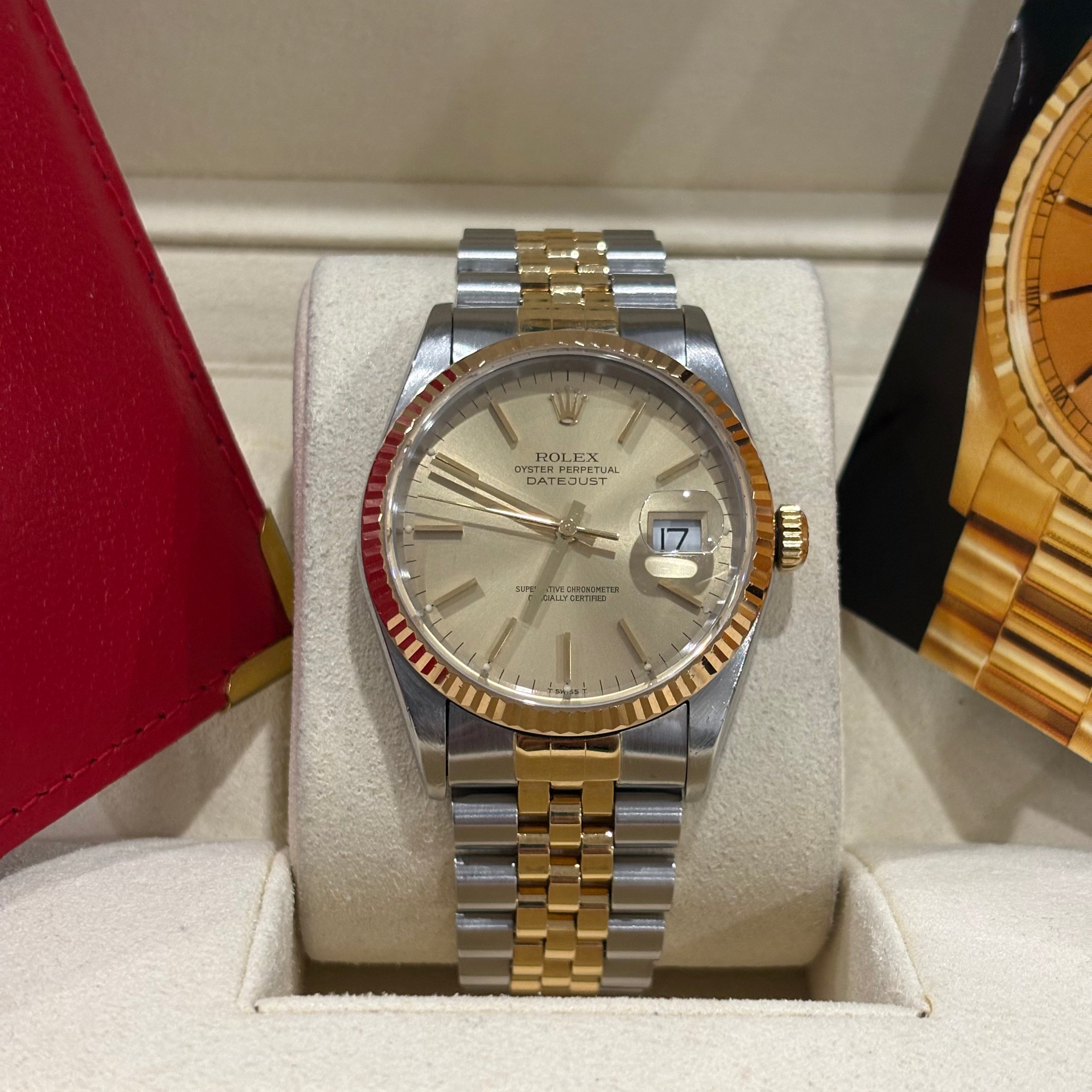 Rolex Datejust 36 two tone champagne index dial with fluted yellow gold bezel on Jubilee bracelet at Adonia Jewellers in Yorkville, Toronto